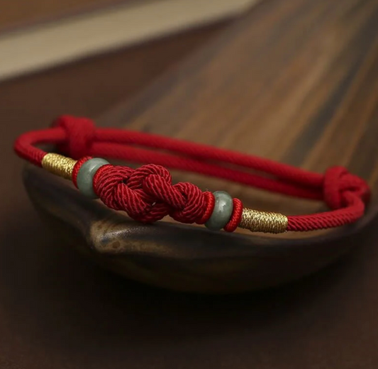 Red Thread of Fate Bracelet – Jade & Gold Woven Blessing
