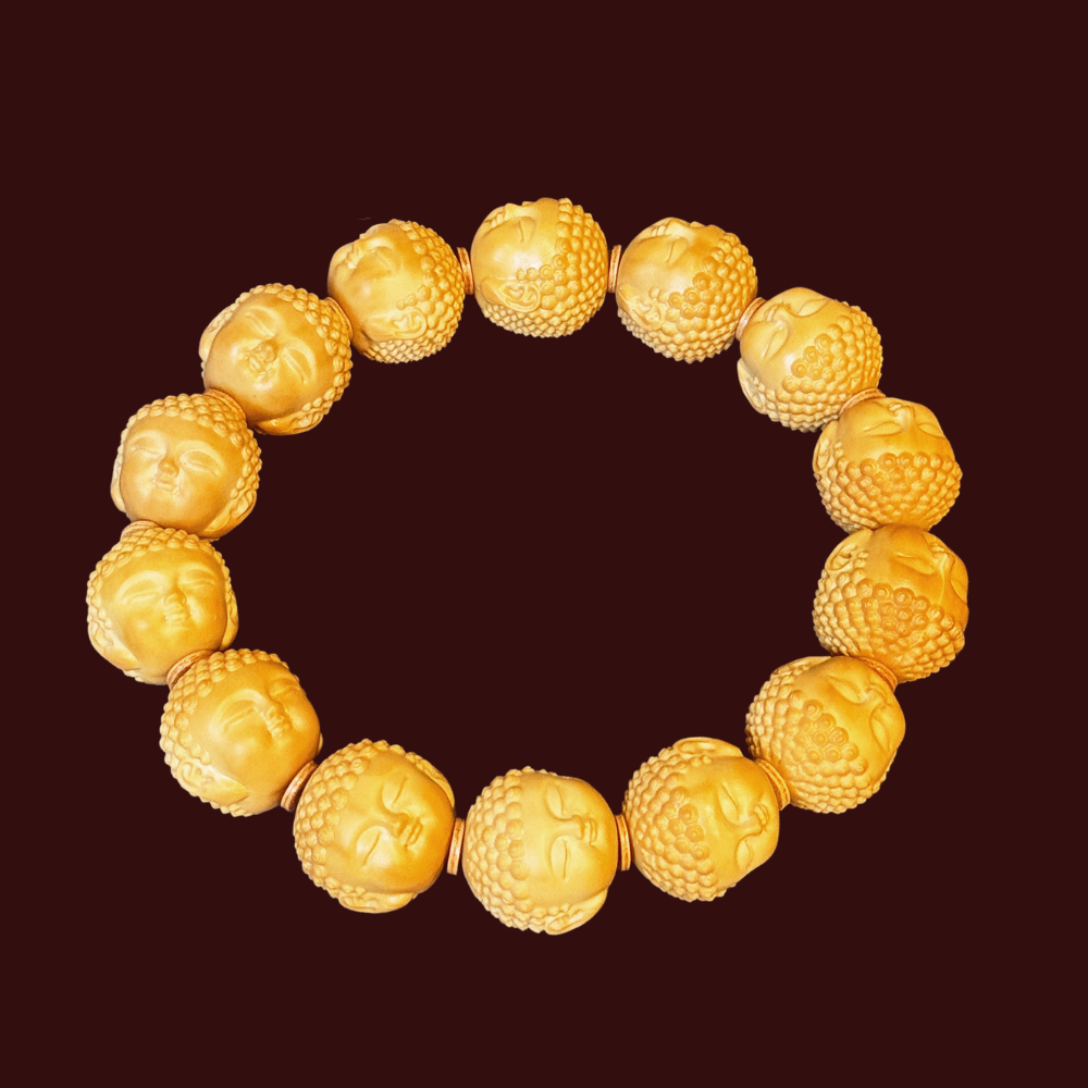 “Silent Faces” Sacred Walnut Bracelet – Hand-Carved Buddha Beads for Peace and Presence