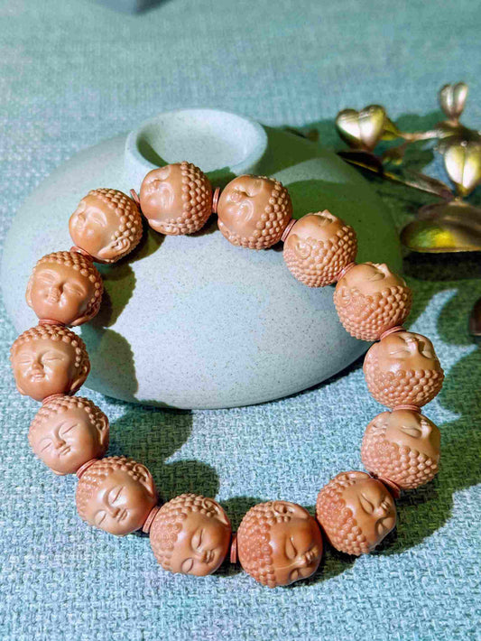 “Silent Faces” Sacred Walnut Bracelet – Hand-Carved Buddha Beads for Peace and Presence